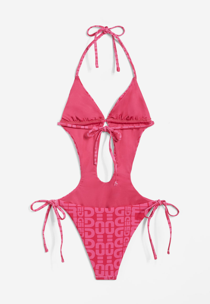 Einteiliger Badeanzug mit Cut-outs und Allover-Logo-Print - FUCHSIA