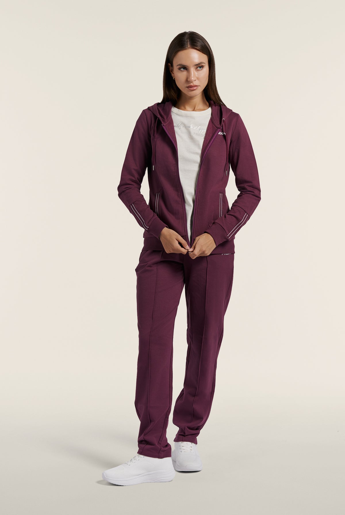 Zip hoodie with logo elastic trims - Mauve Wine