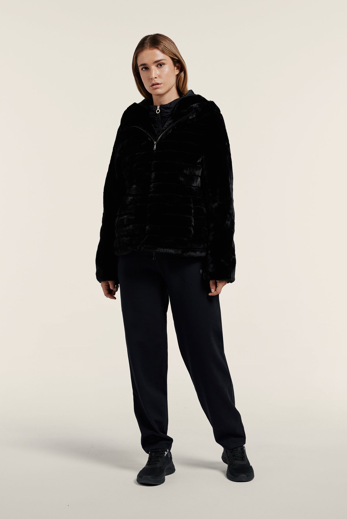 Synthetic fur hooded jacket with striped effect - Black