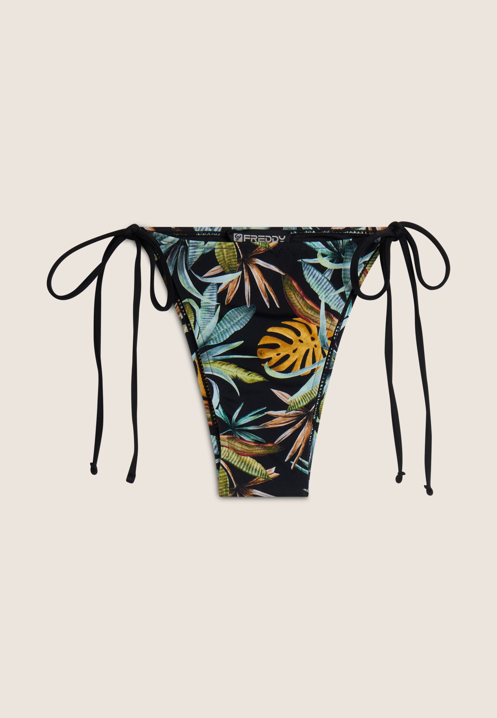 String-Bikinihose mit tropischem Blattmuster - BLACK