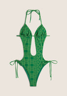 Einteiliger Badeanzug mit Cut-outs und Allover-Logo-Print - GREEN