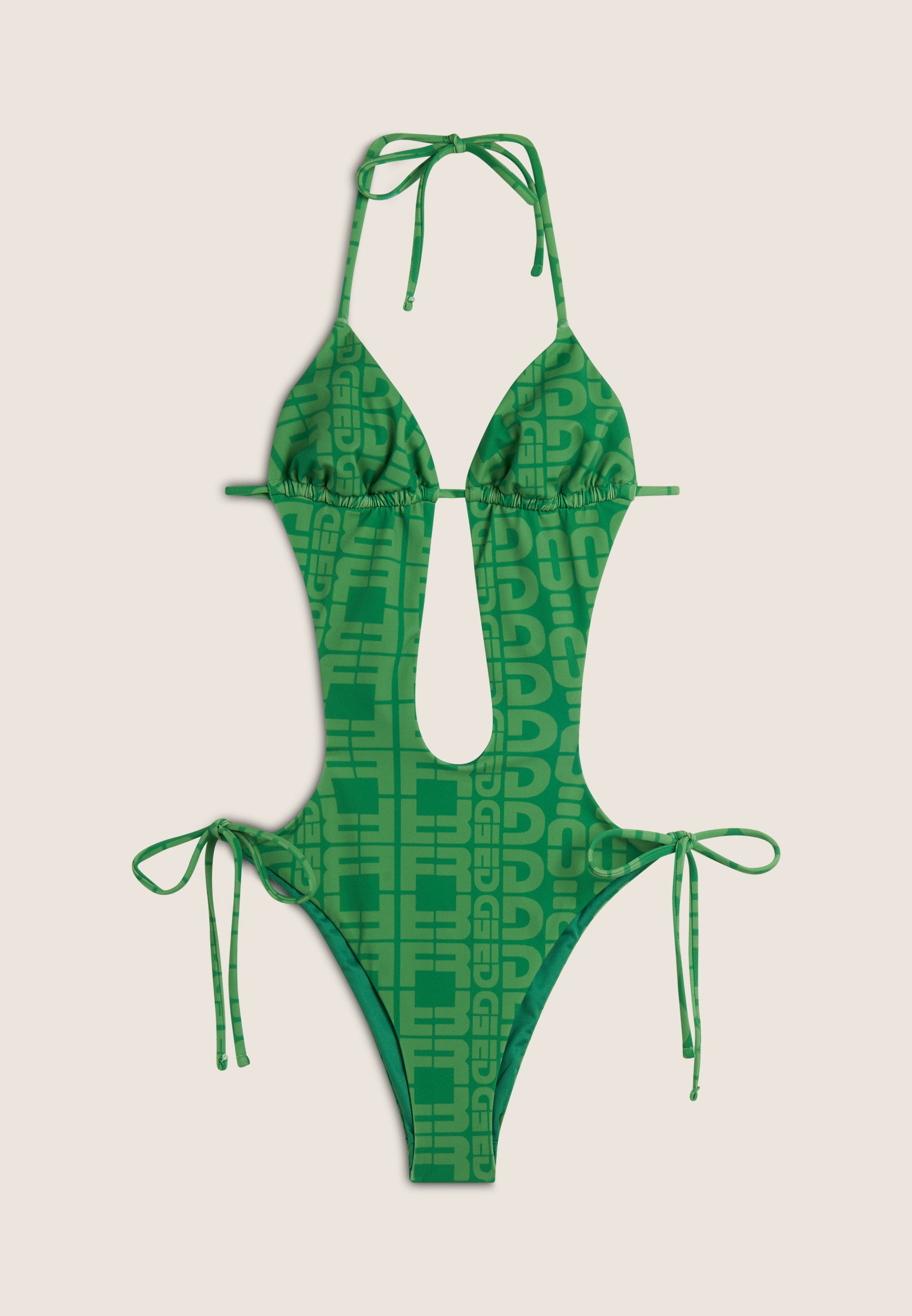 Einteiliger Badeanzug mit Cut-outs und Allover-Logo-Print - GREEN