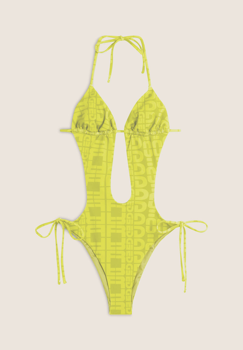 Einteiliger Badeanzug mit Cut-outs und Allover-Logo-Print - LIME