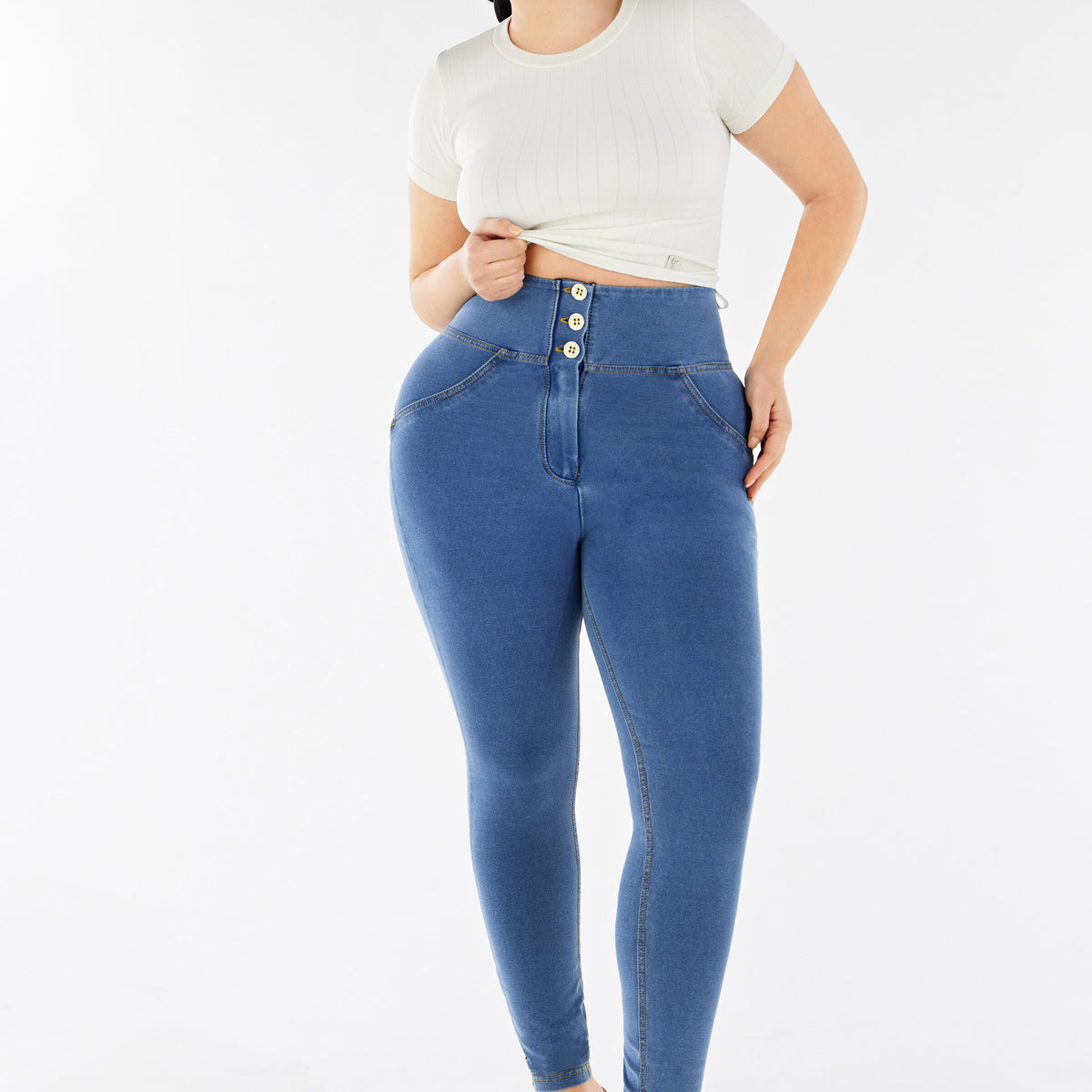 Freddy WR.UP® Curvy Denim - Buttoned High Waist - J4Y - Clear Denim - Yellow Seams – Freddywear