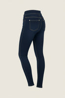 N.O.W. Yoga High Waist Skinny Denim Jeans With Front Seam - Denim Dark Blue - Beige Seam